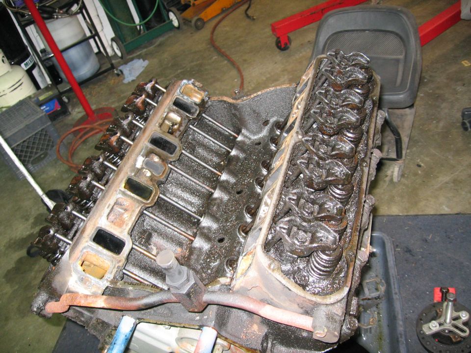 Engine with intake manifold removed, showing valve train
