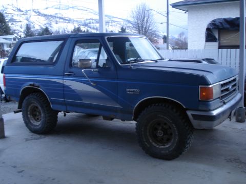 1990 Ford Bronco - This blue 1990 Ford Bronco is parked in a driveway with mountains in the background.
