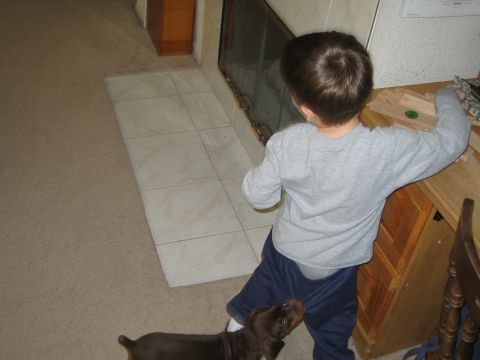 1997 Chevrolet C/K Pickup - A young child and a dog are in a room, with a tiled area near a fireplace and wooden furniture visible.