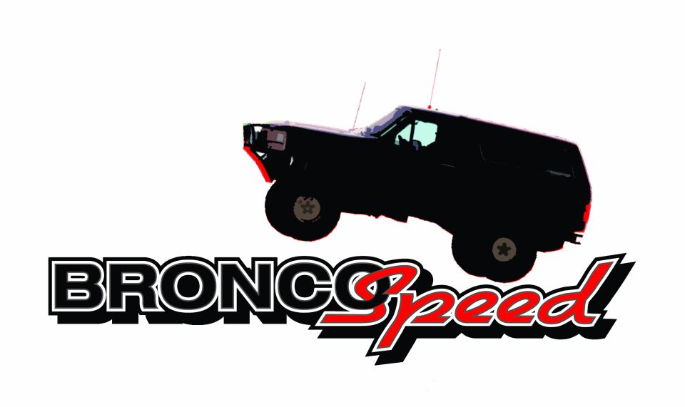 Black Ford Bronco, likely 1987-1991 model, with "Bronco Speed" text graphic. Supermotors.net logo in lower right