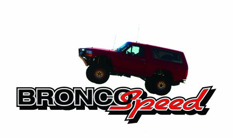 1984 Ford Bronco - A red Ford Bronco is captured in mid-air, with "BRONCO Speed" text overlay and a Supermotors.net logo.