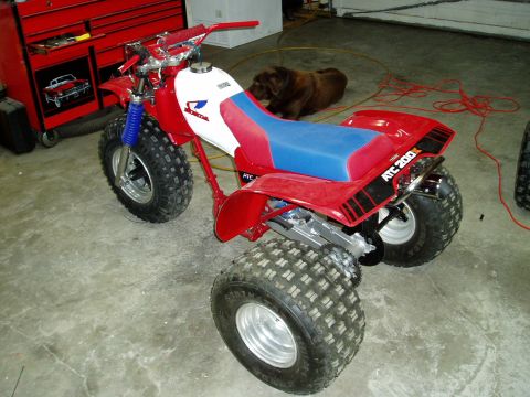 2000 Ford E350 - A red and white Honda ATC 200X three-wheeler is parked indoors next to a red toolbox.