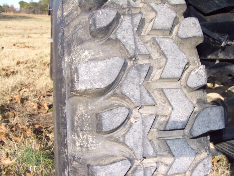 Close-up of an aggressive mud-terrain tire tread
