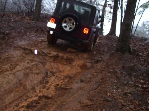 1995 Ford Bronco - A Jeep Wrangler navigates a steep, muddy trail in a wooded area.