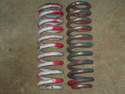 1989 Ford Bronco - Two suspension coil springs are shown, one painted white with red bands and the other blue with red bands.