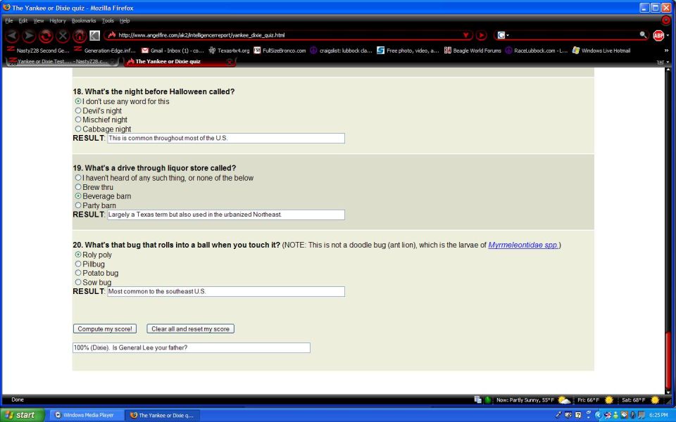 Browser screenshot of an online 'Yankee or Dixie' quiz