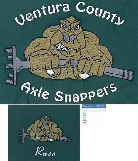 1967 Ford Bronco - This image shows an embroidered logo for 'Ventura County Axle Snappers' with a cartoon character.
