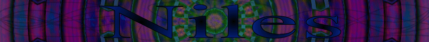 Blue text 'Niles' over a purple and green striped background