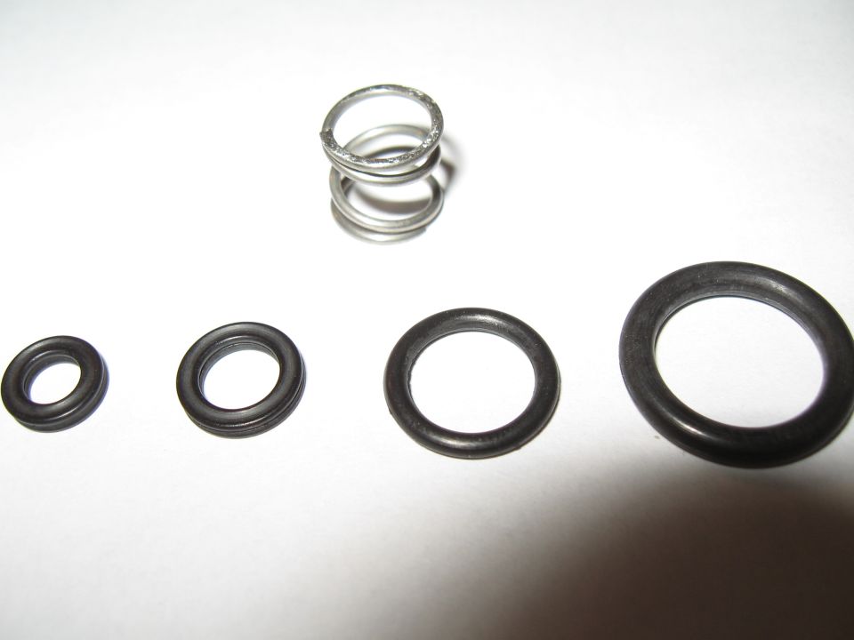 Four rubber O-rings and a small coil spring on white background