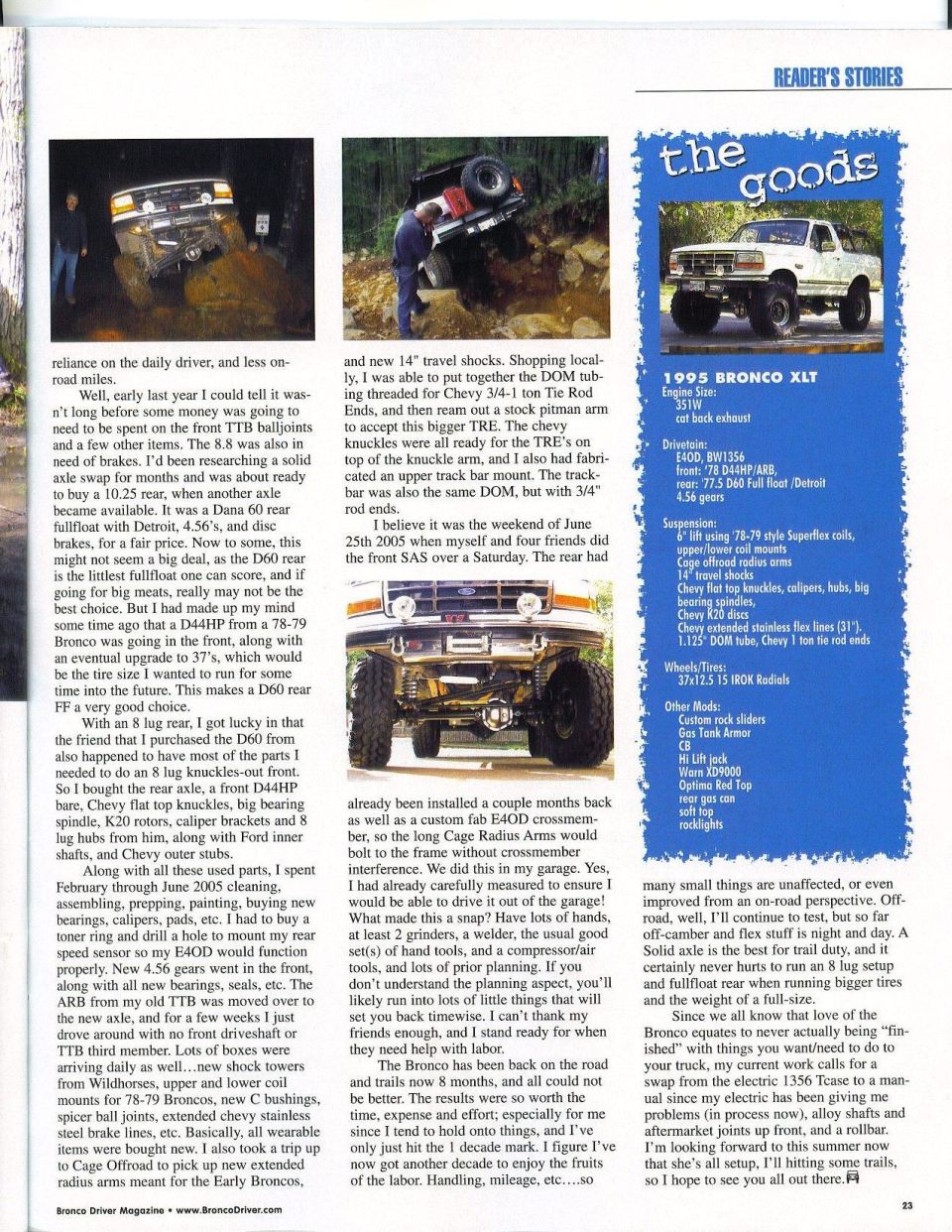 Bronco Driver Reader's Stories page on a 1995 Bronco XLT solid axle swap with The Goods spec sidebar