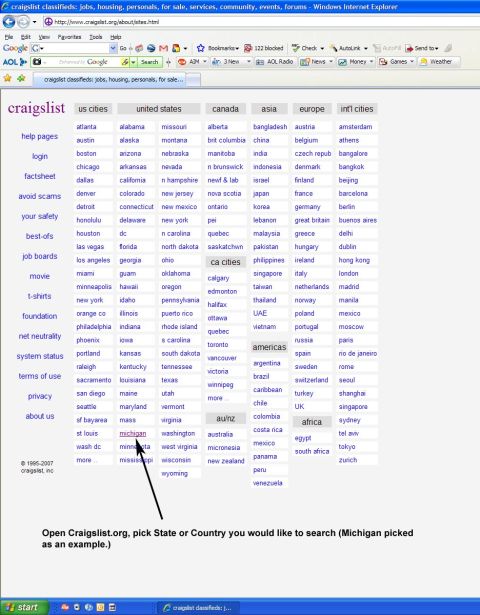 1971 Ford Ranchero - This image shows a screenshot of the Craigslist website, displaying a list of various locations to search within.