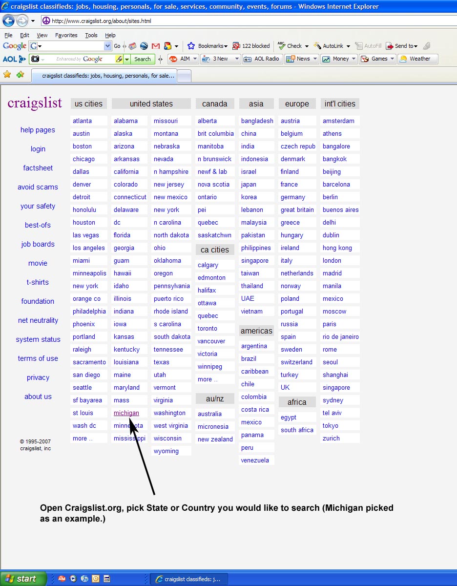 Screenshot of Craigslist website with a list of US cities and international locations