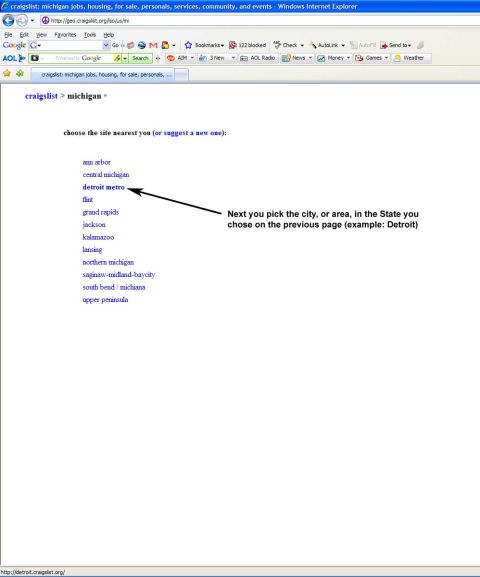 1971 Ford Ranchero - A screenshot of the Craigslist Michigan page, guiding users to select a city or area, with Detroit Metro highlighted.