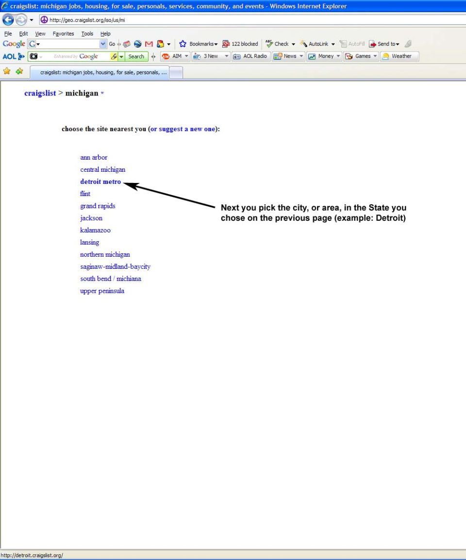 Craigslist Michigan page showing city selection, with an arrow pointing to Detroit Metro