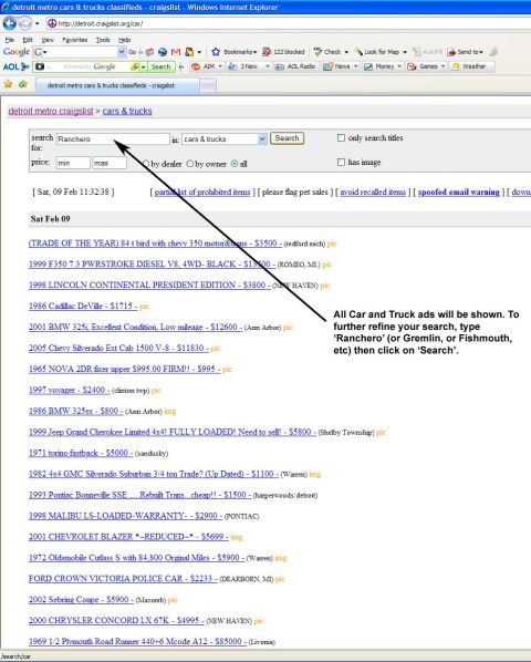 1971 Ford Ranchero - Craigslist search results page showing various car and truck listings.