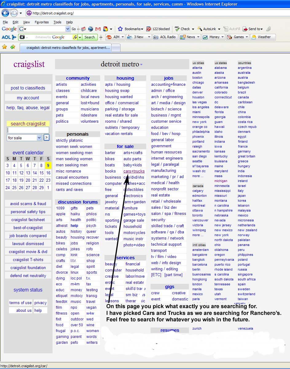 Craigslist webpage with categories and search bar, text mentions searching for Rancheros