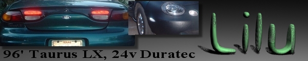 Green 1996 Ford Taurus rear with taillights illuminated