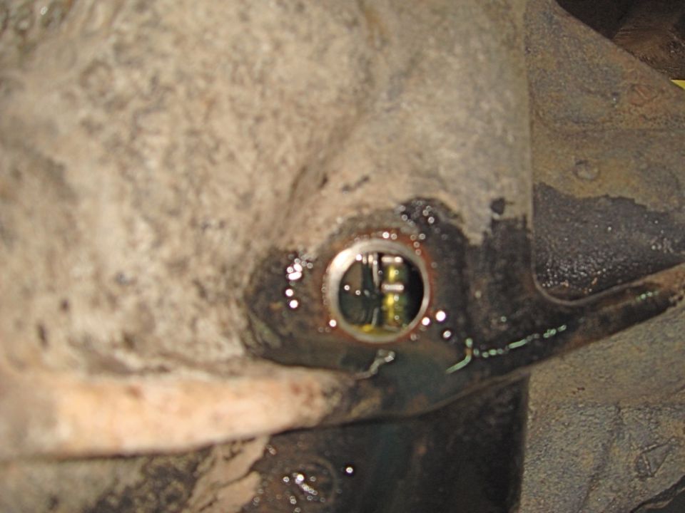 Close-up of a differential fluid drain plug with some fluid visible