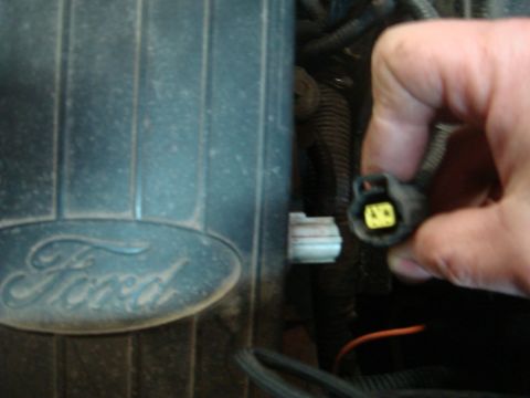 1996 Ford Bronco - A hand holds an electrical connector near a Ford-branded engine component.