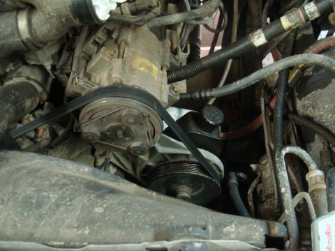 1996 Ford Bronco - This image shows the air conditioning compressor and power steering pump assembly within a vehicle's engine bay.