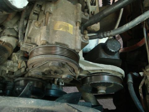 1996 Ford Bronco - Close-up view of engine components, including pulleys and a power steering reservoir, within a vehicle's engine bay.