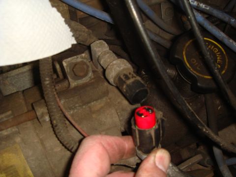 1996 Ford Bronco - Close-up of an engine component with a red cap being held by a hand.