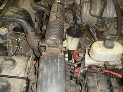 1996 Ford Bronco - Close-up view of an engine bay, showing various hoses, wires, and fluid reservoirs.