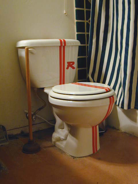 1998 Ford Taurus - A toilet decorated with red stripes and an R logo is shown next to a striped shower curtain.