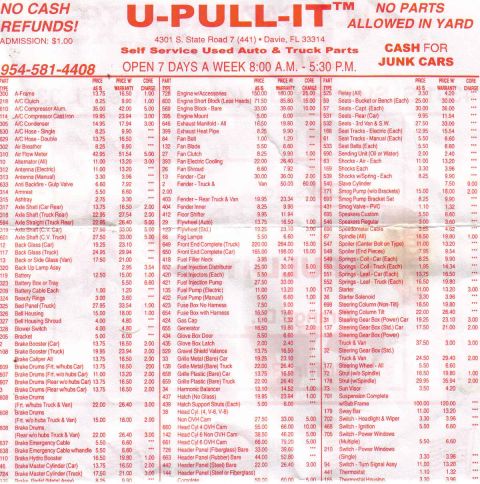 1998 Ford Taurus - This document is a price list for used auto parts from U-Pull-It.