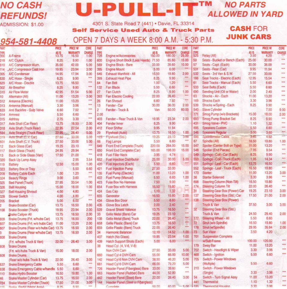 Document listing auto parts and prices with company logo and contact information