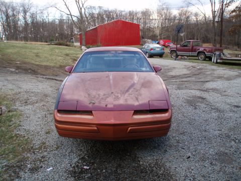 1991 Pontiac Firebird - A third-generation Pontiac Firebird sits parked in front of a red barn with other vehicles visible in the background.