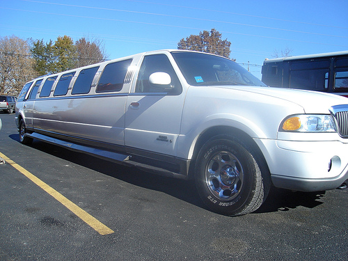 White limousine parked on asphalt with a yellow line