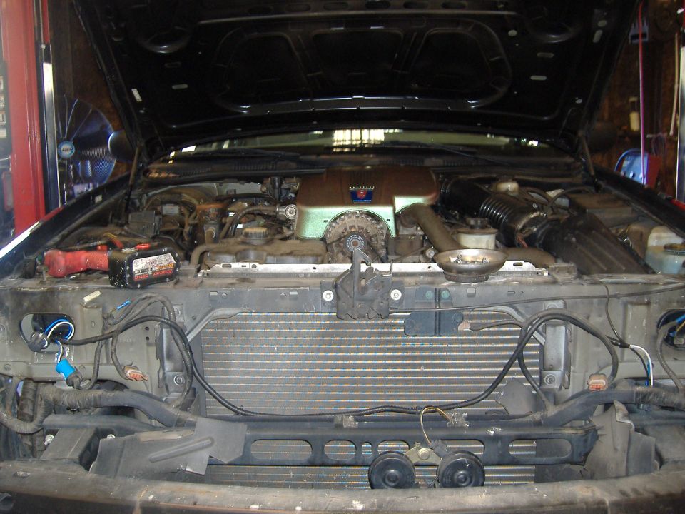 2001 Ford Crown Victoria engine bay, hood open, showing radiator and engine components
