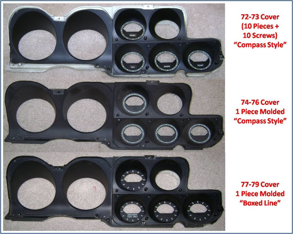 Comparison of three Ford truck dash gauge bezel covers labeled by year range
