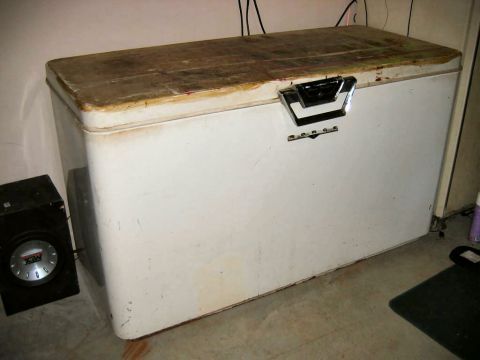 1985 Ford LTD Crown Victoria - A vintage white chest freezer with a stained wooden lid and chrome handle sits against a wall, with a car audio subwoofer enclosure (MTX) o…