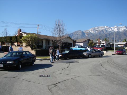 1992 Ford Taurus - Several cars are parked on a residential street with snow-capped mountains in the background.