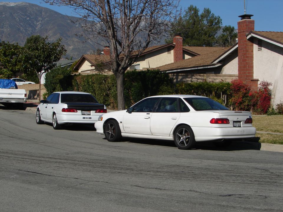 Two white Ford Taurus SHO sedans parked on a suburban street, rear three-quarter