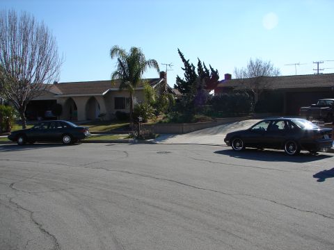 1992 Ford Taurus - Two sedans, one identified as a 1992 Ford Taurus, are parked on a suburban street.