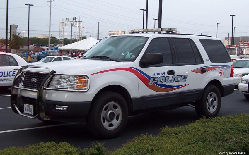 Athens Police SUV, Ford Expedition, with push bar and light bar. Another police car is visible to the left