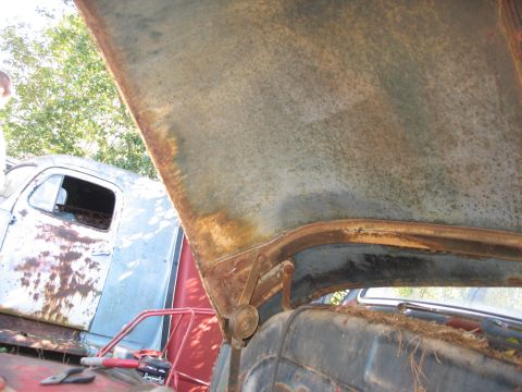 1949 Chevrolet C/K Pickup - Interior view of a rusty hood and the side of a 1949 Chevrolet C/K Pickup truck cab.