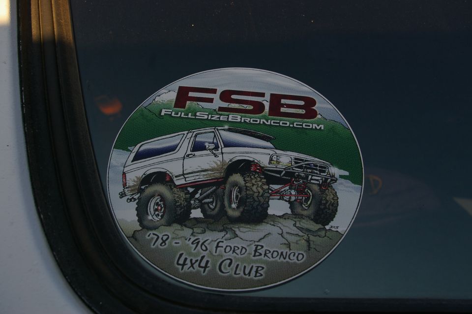 Sticker shows a lifted 1978-1996 Ford Bronco 4x4. Text says FSB FULLSIZEBRONCO.COM