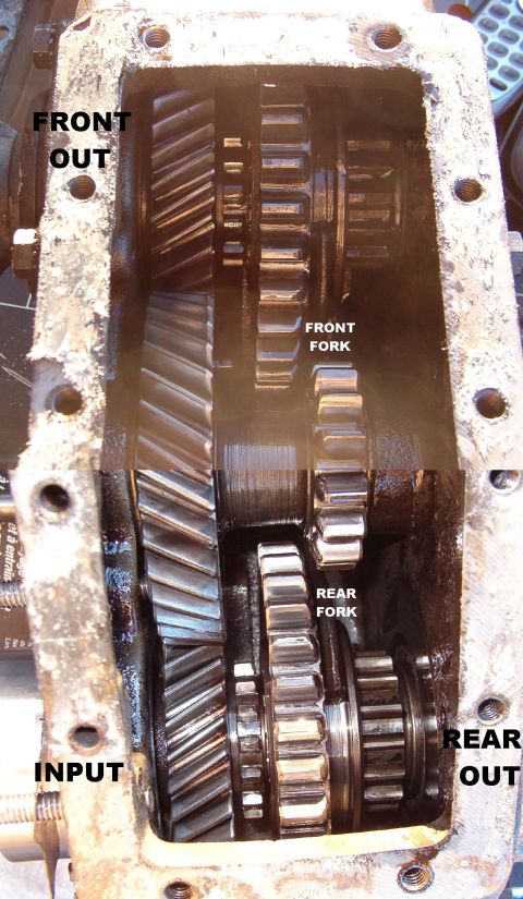 1975 Ford Bronco - Power comes in to the lower L gear from the transmission. The rear fork can push the rear output gear forward (for rear 1:1 high-range) or…