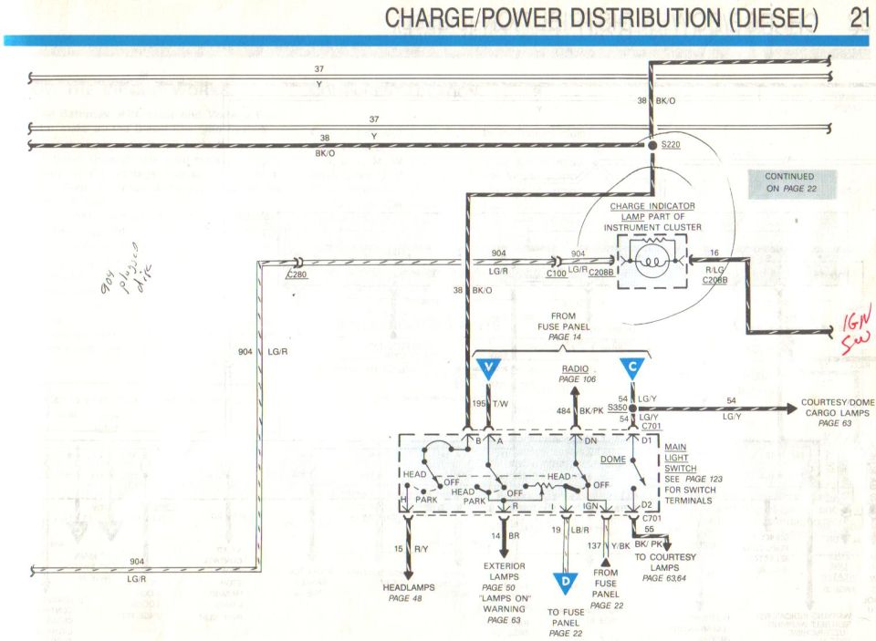 Ford Diesel Charge/Power Distribution Wiring Diagram (Charge Indicator & Headlamps)