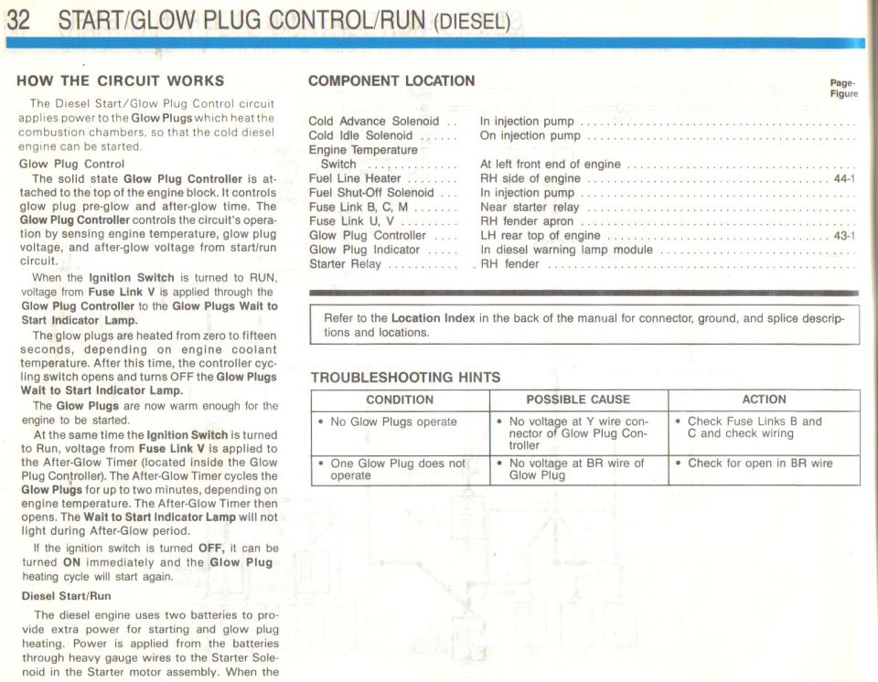 Diesel start/glow plug control circuit operation description page 32 how the circuit works