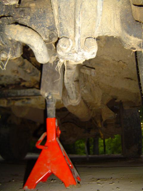 1979 Ford Bronco - The vehicle's undercarriage is visible, supported by red jack stands for maintenance or inspection.
