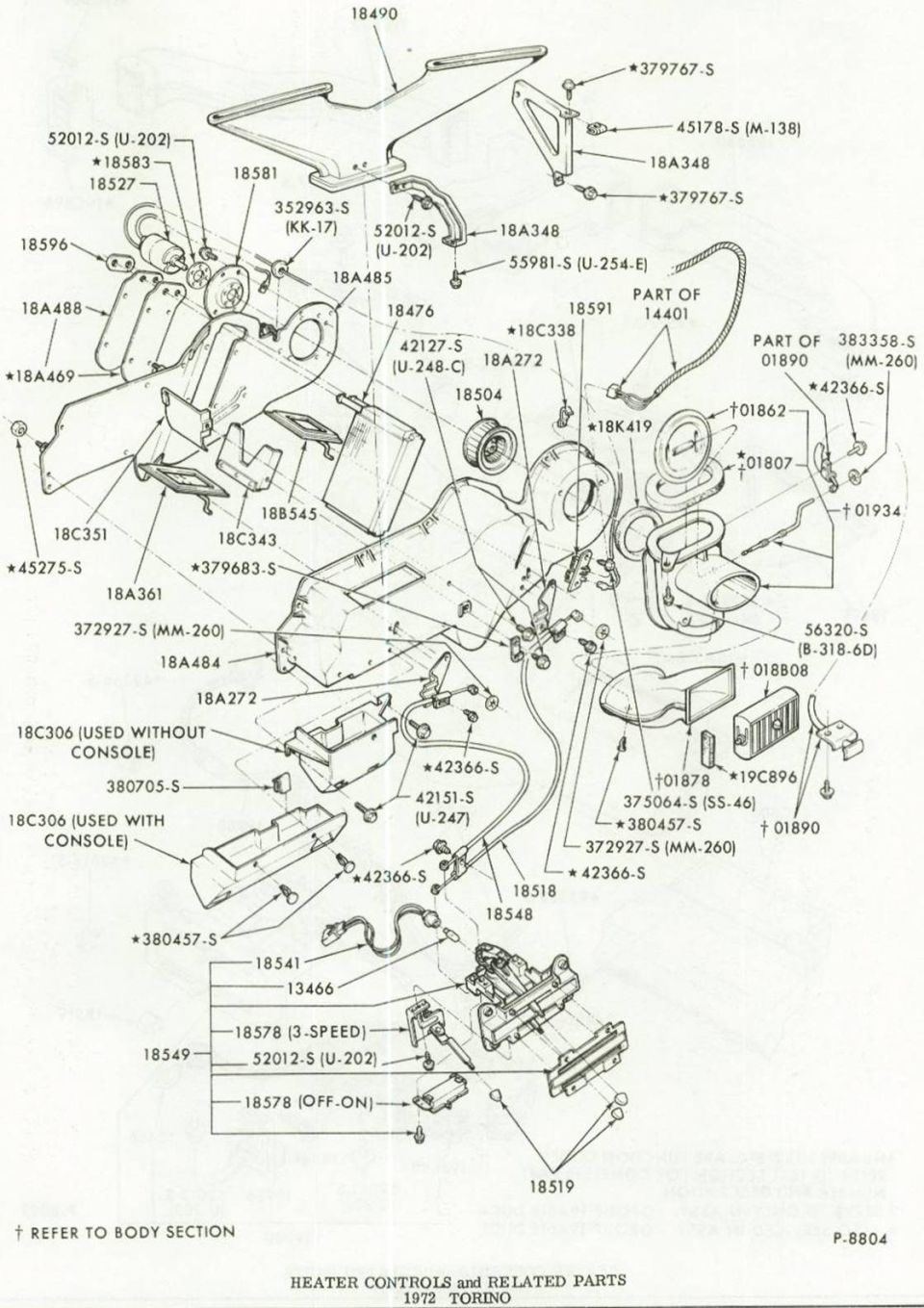 Exploded parts diagram of 1972 Torino heater controls