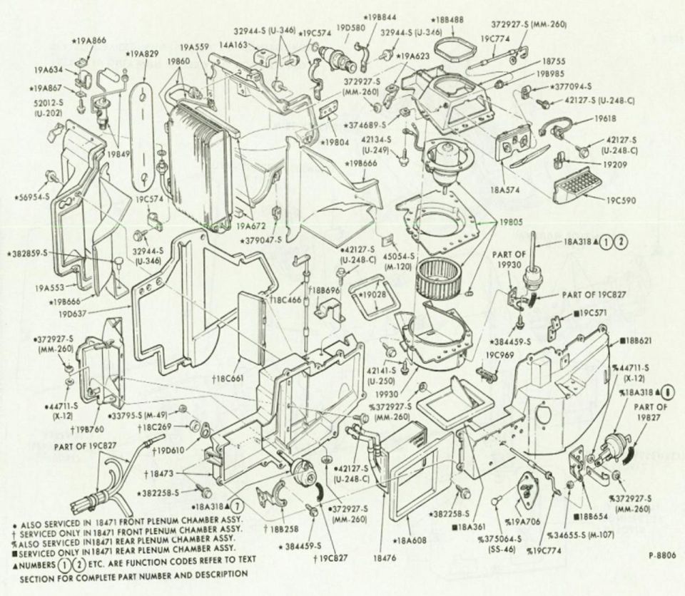 Exploded parts diagram of an automotive heater plenum and blower assembly