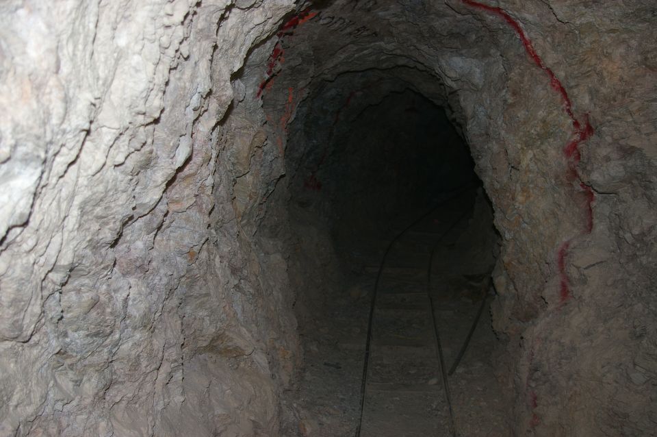 Mine tunnel interior with narrow gauge tracks disappearing into darkness. Red markings on the rock walls