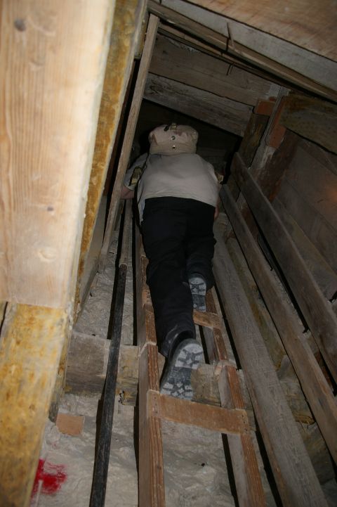 1986 Ford Bronco - A person ascends a wooden ladder within the confines of a mine shaft, surrounded by rough-hewn timbers and earthen walls.