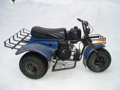 2000 Ford E350 - Right-side view of a blue three-wheeled ATC/trike parked on packed snow, fitted with front and rear tubular cargo racks and a long black be…